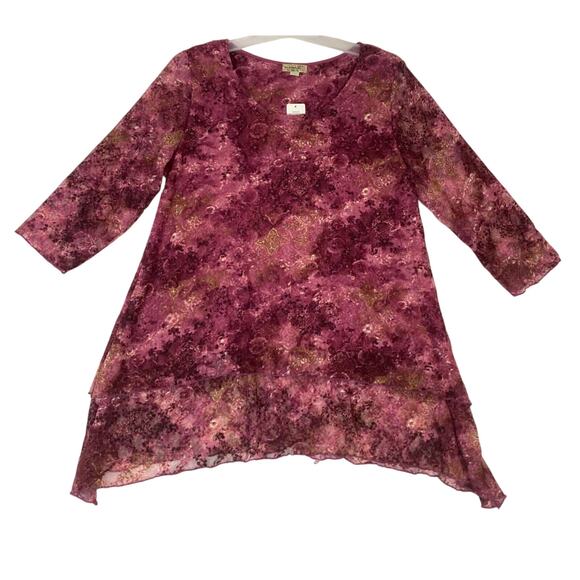 One World Top Womens XL Rhinestone Hi-Low Hem 3/4 Sleeve Berry Blouse‎ NWT - Picture 1 of 10
